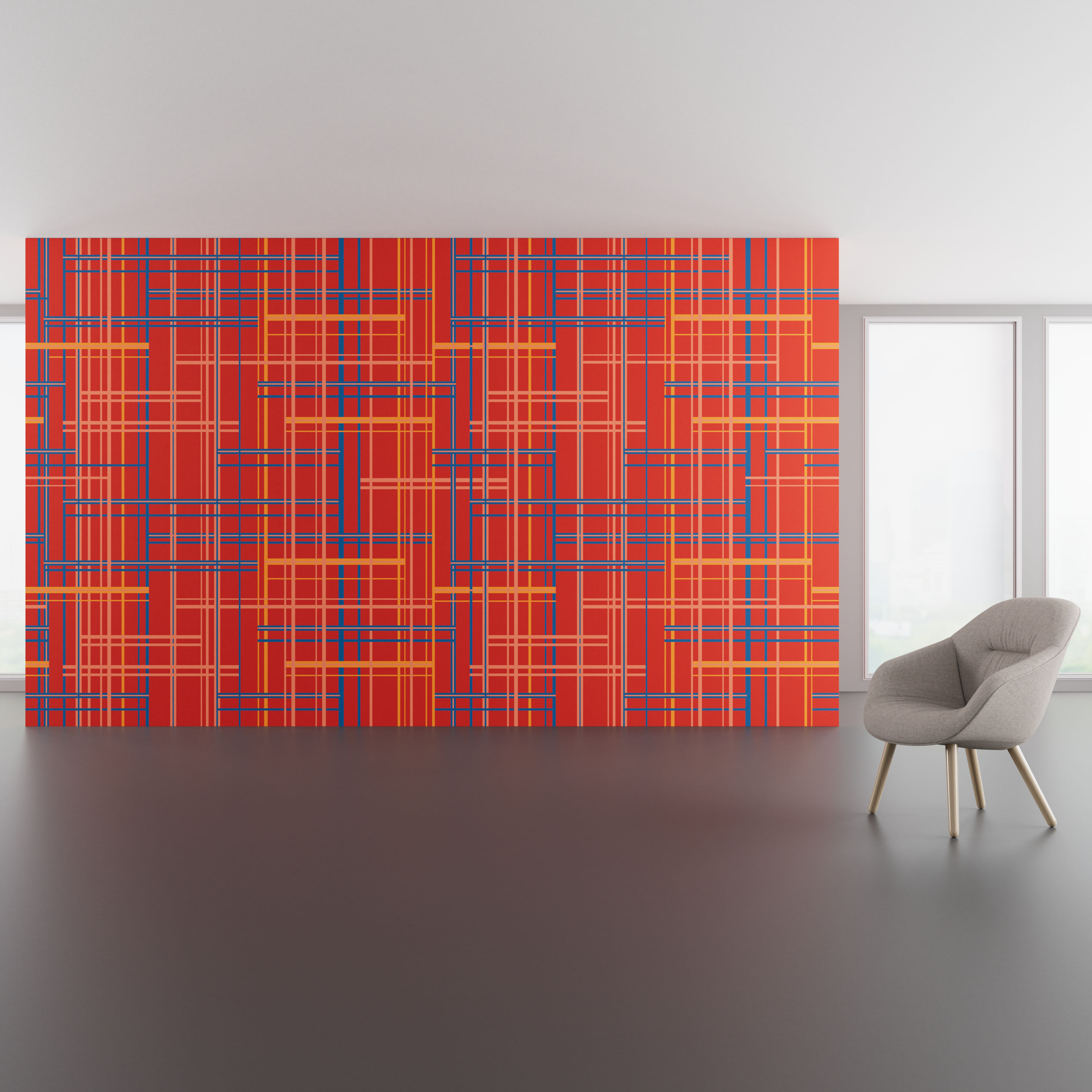 Install scene of Urban Plaid, a traditional digital art wallcovering pattern.