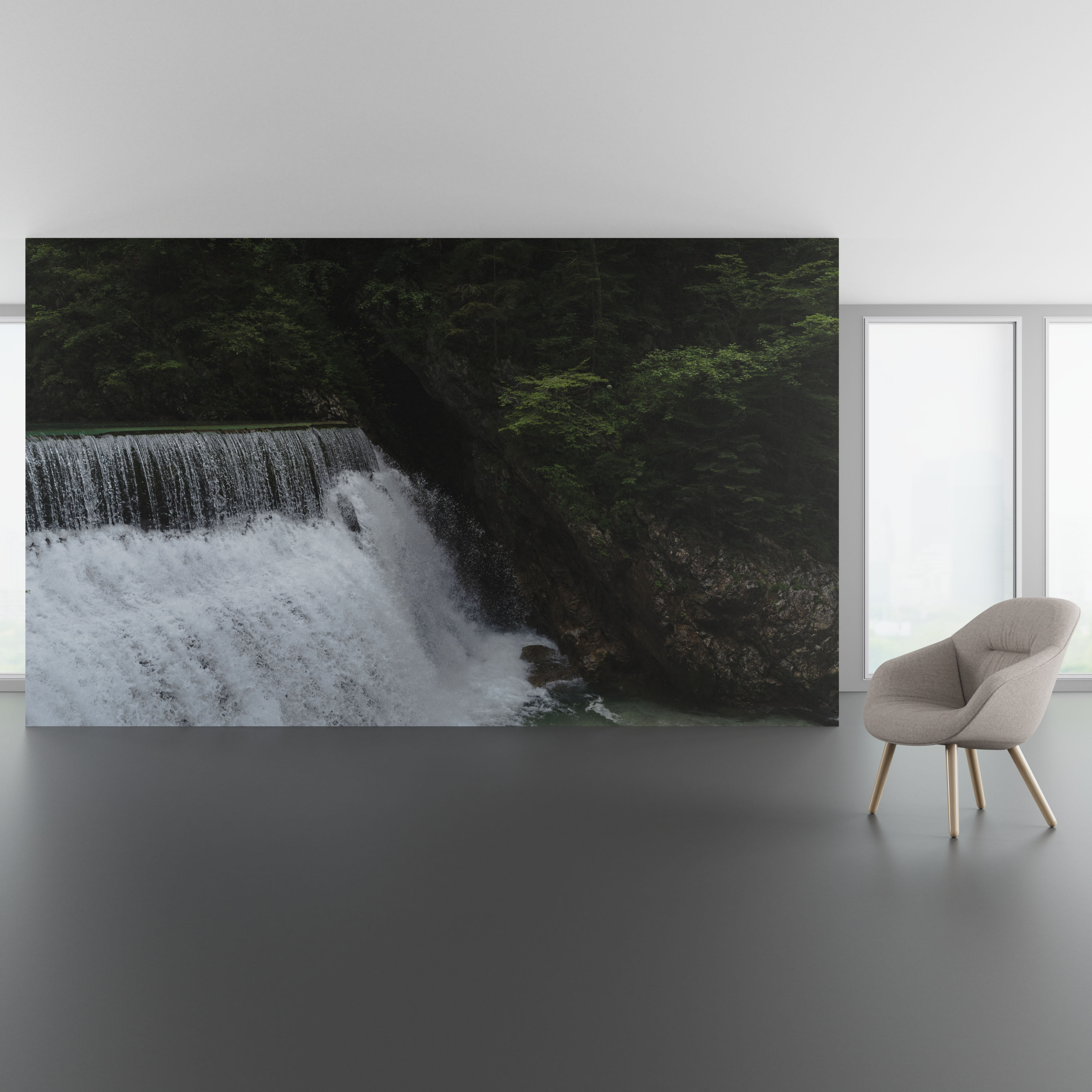 Install scene of Vintgar, a digital art wallcovering pattern featuring photography of Vintgar Gorge, in Slovenia.