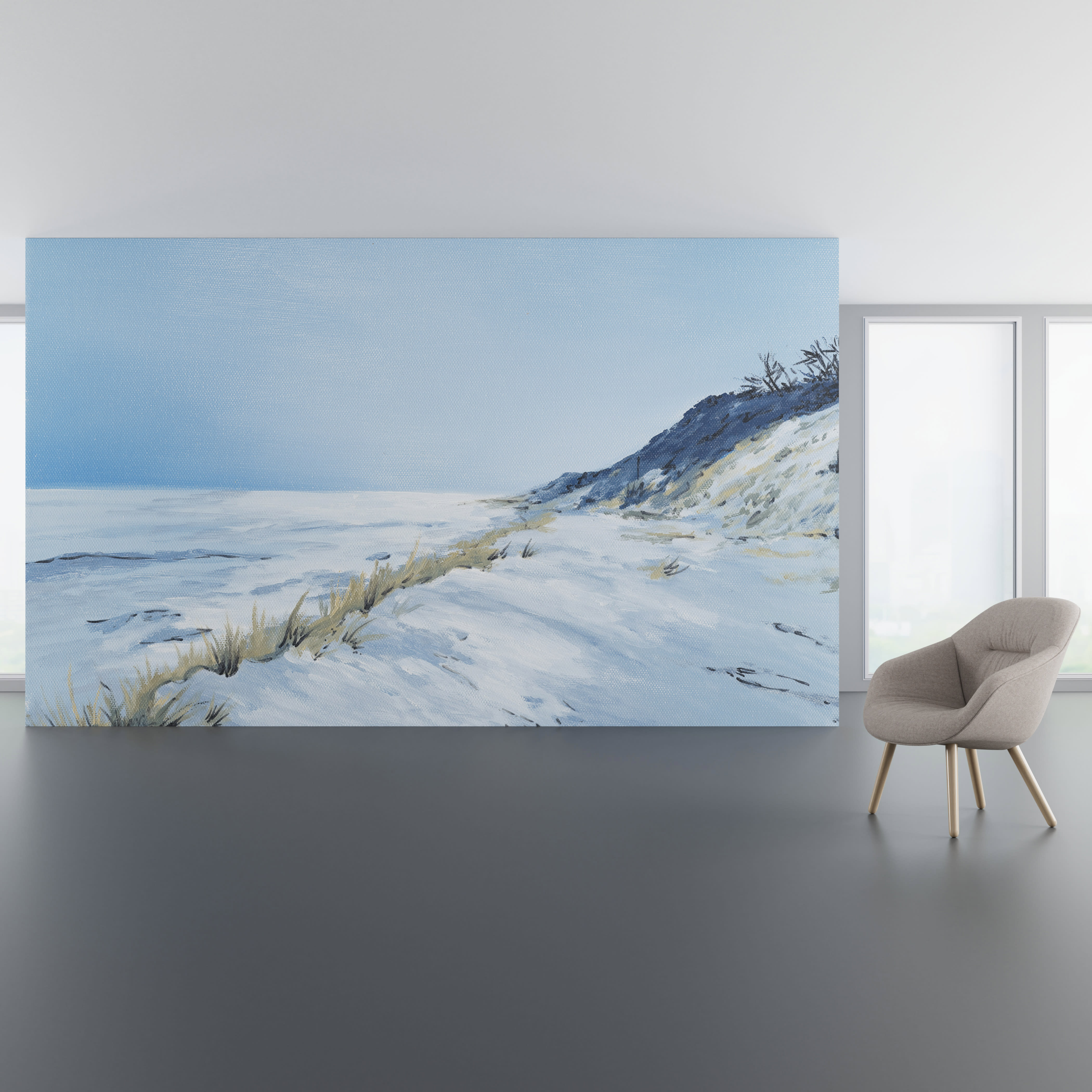 Install scene of Winter Reverie, a nature-inspired digital art wallcovering pattern.