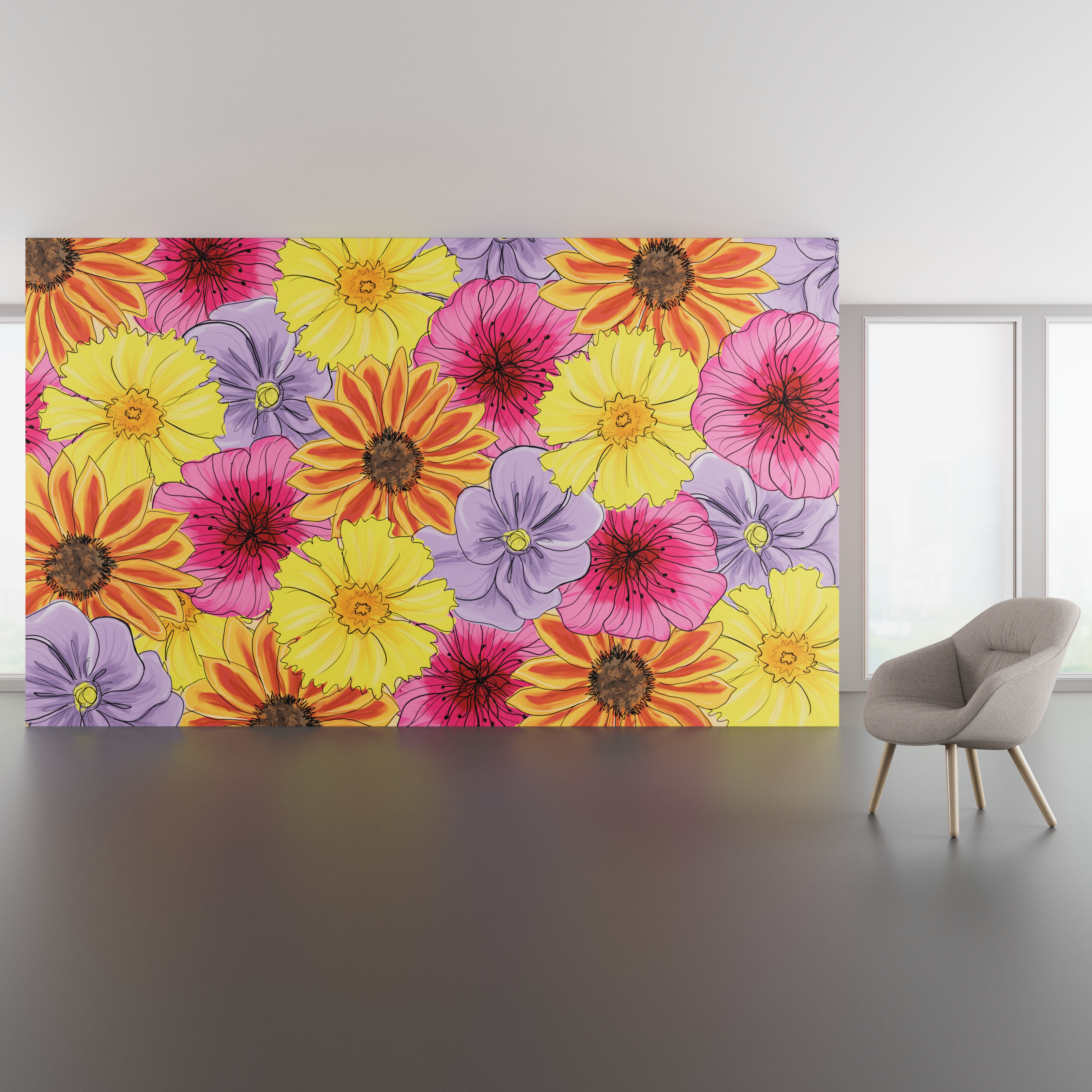Install scene of Wonderland Garden, a nature-inspired digital art wallcovering pattern.