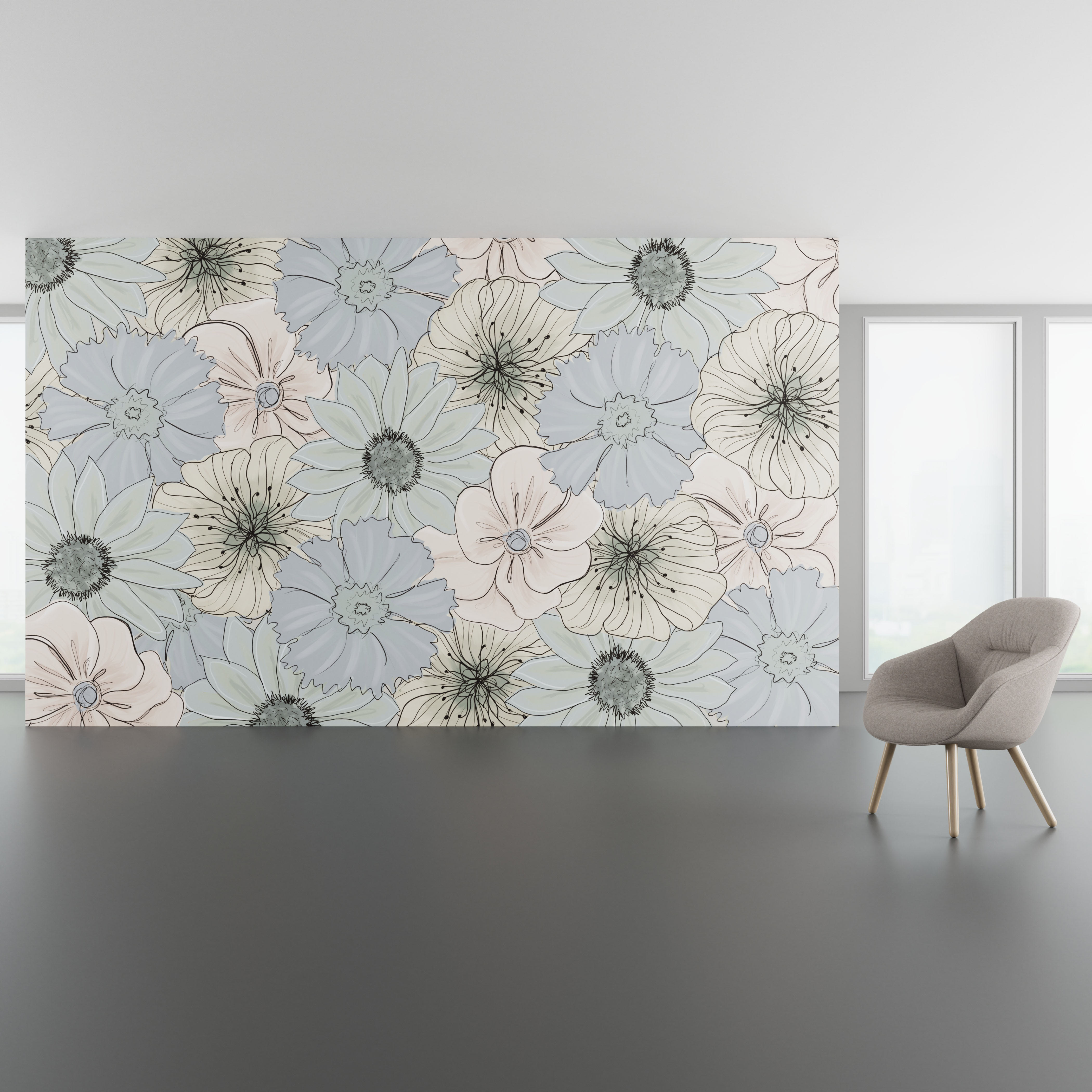 Install scene of Wonderland Winter, a floral nature-inspired digital art wallcovering pattern.