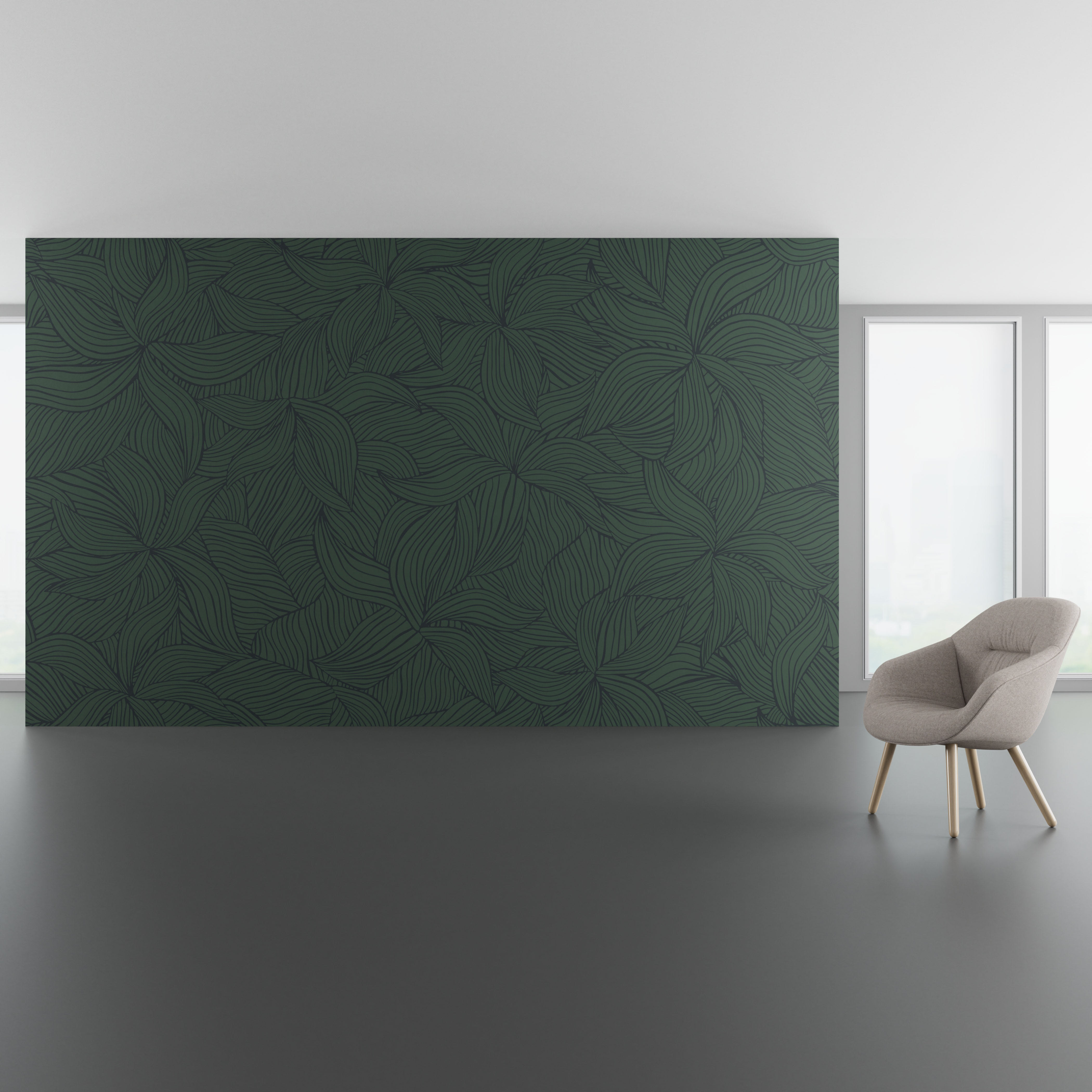 Install scene of Yasmine Rainforestl, a nature-inspired digital art wallcovering pattern.