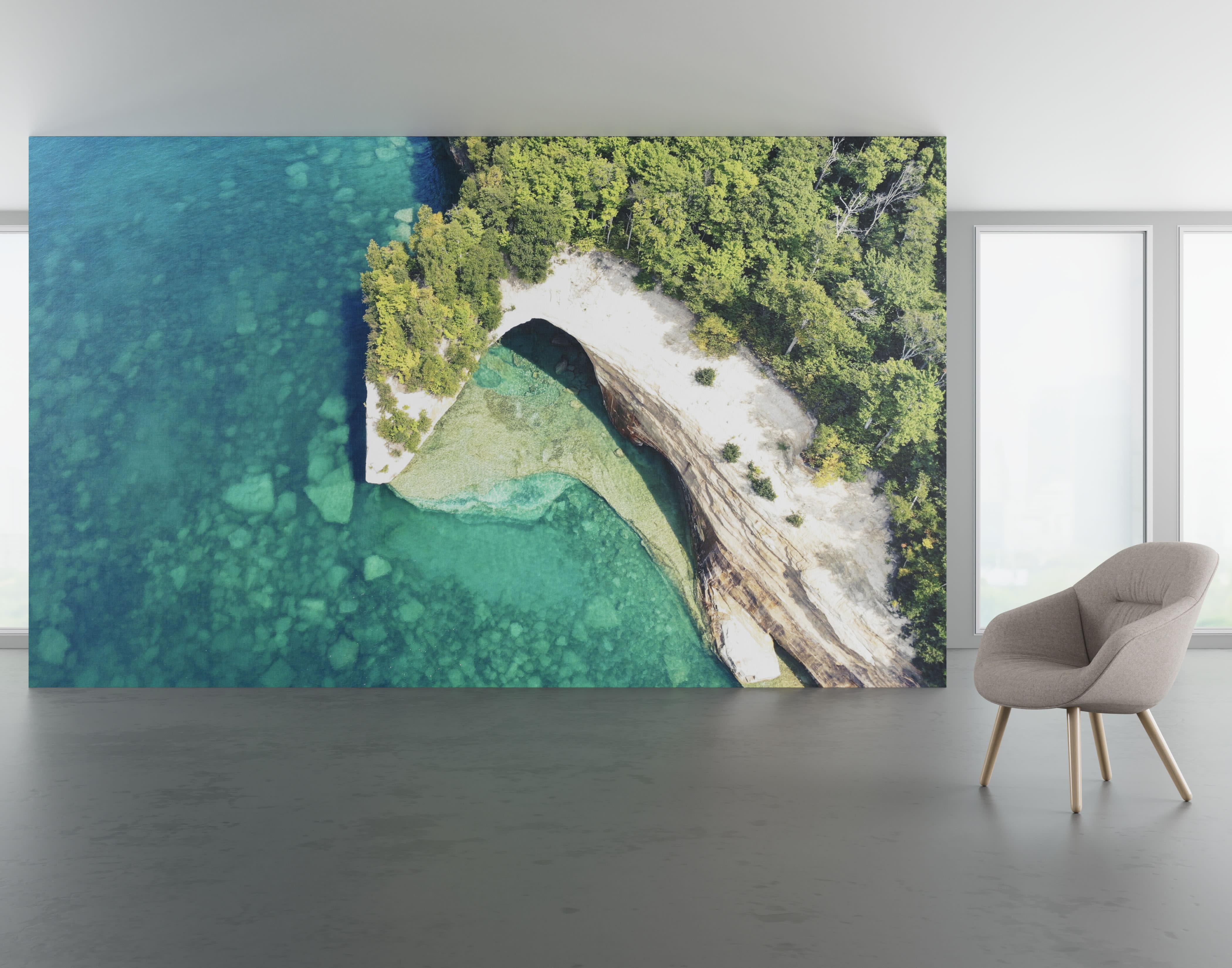 Install scene of Yooper, a digital art wallcovering pattern featuring photography of the Upper Peninsula of Michigan.