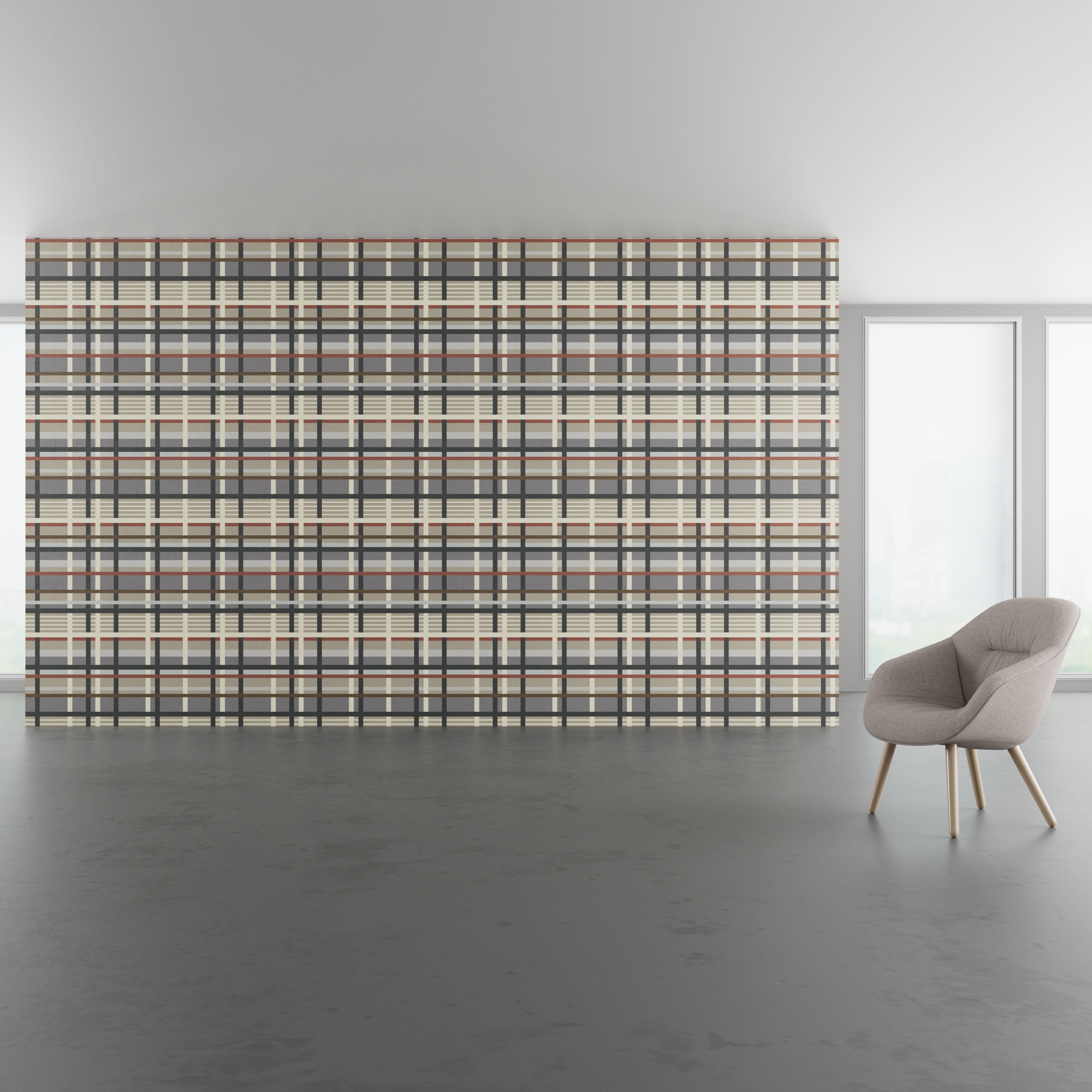 Install scene of Modern Plaid WC, a traditional digital art wallcovering pattern, also available as a textile.
