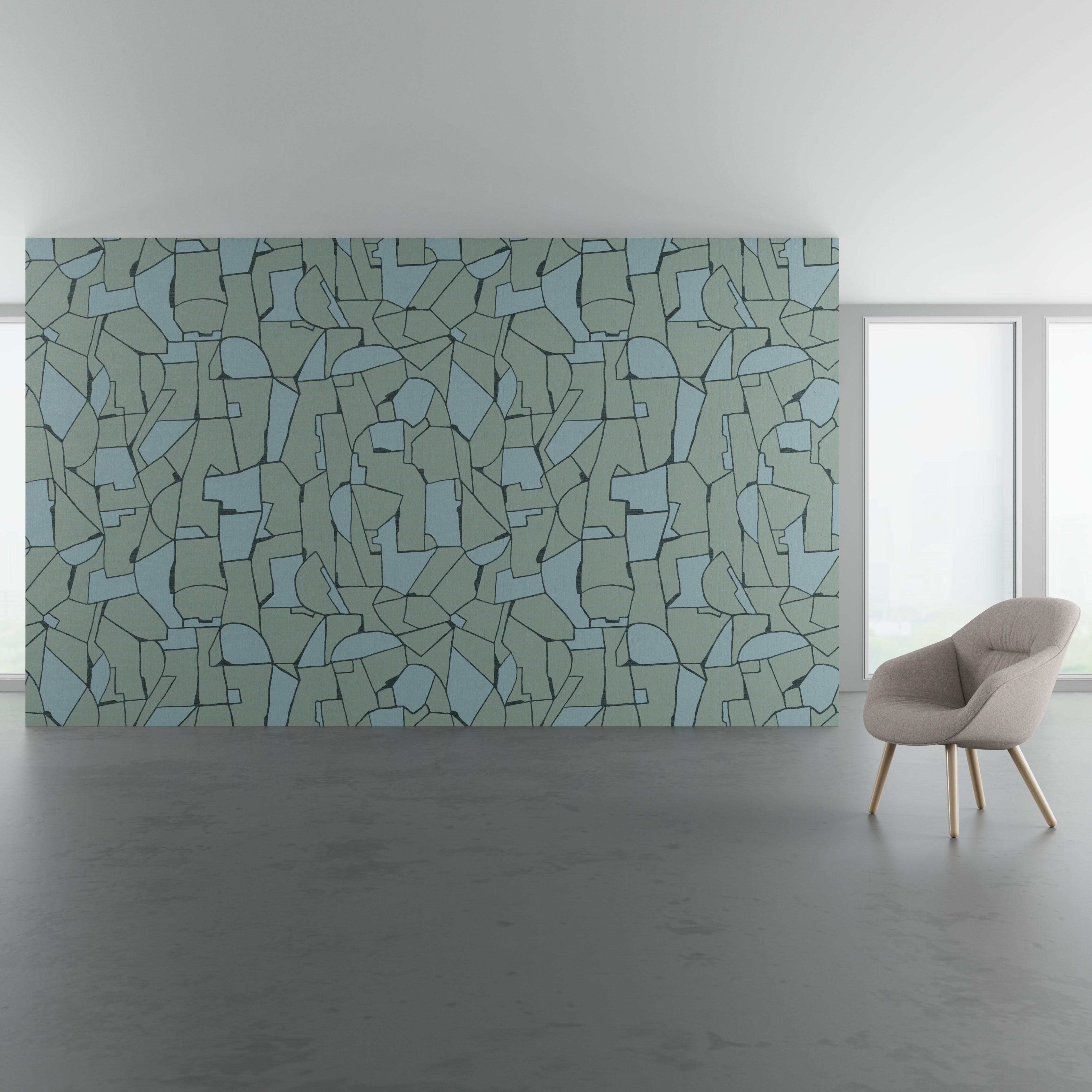 Install scene of Protogeo, a contemporary digital art wallcovering pattern.