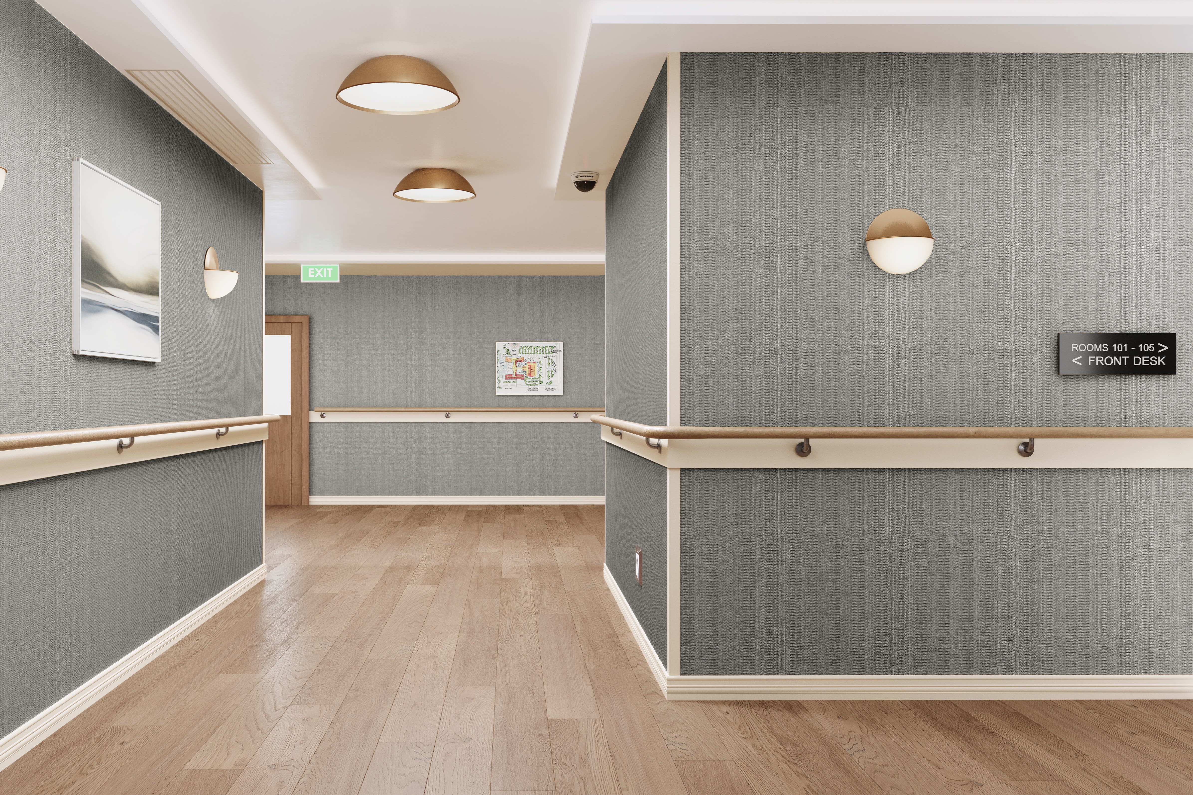 Sleek wall protection panels in healthcare facility